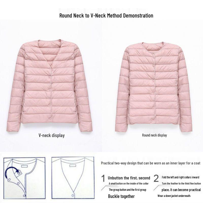 Women's 90% White Duck Down Lightweight Round Neck Jacket, Collarless, Solid Color, Warm & Simple Short Coat for Autumn/Winter.