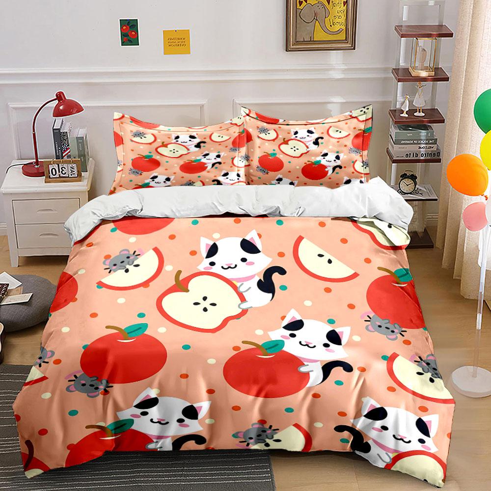 Cartoon Cats Apples Pattern Bedding Duvet Cover Set Duvet Cover Pillowcases (1*Duvet Cover 2*Pillowcases, Without Duvet Insert)