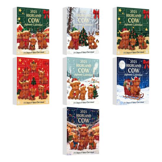 Highlandská kráva Adventní kalendář 2025 24denní krabička pro odpočítávání Vánoc s ozdobami Multifunkční dekorace na stromeček a sváteční zábava pro děti