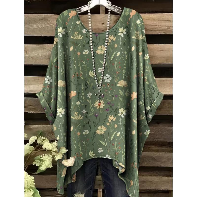 Boho Floralprint Damen T-Shirt Einfaches Vintage Unregelmäßiger Saum Rundhals T-Shirt Modische und Vielseitige Damenbekleidung