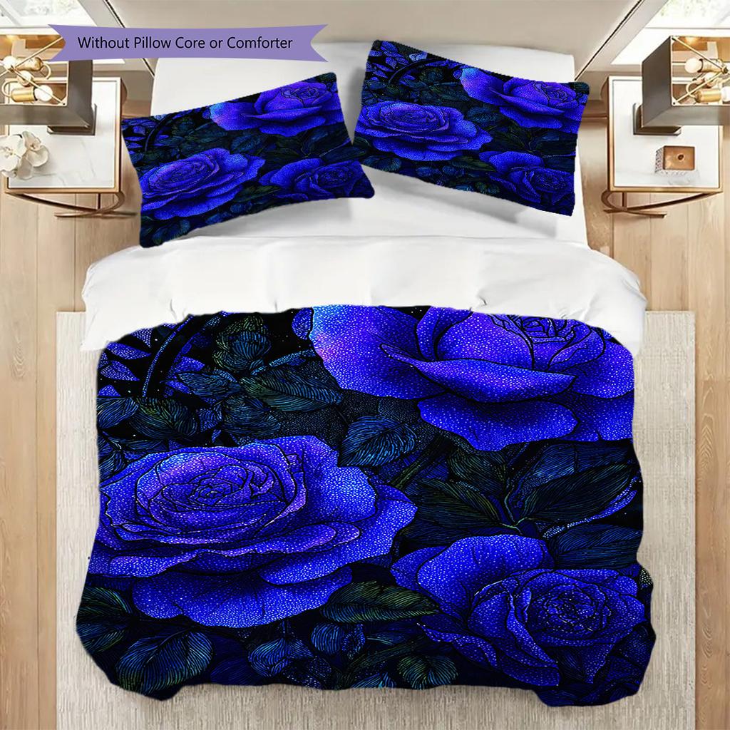 Blue Rose Pattern Bedding Quilt Set Quilt Cover Pillowcase Home Decoration Birthday Gift (1 * Duvet Cover + 2 * Pillowcase, Without Core)