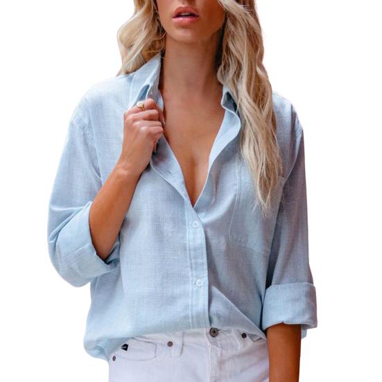 

Women Shirt Solid Color Single Breasted Summer Autumn Relaxed Fit Buttons Blouse Streetwear 3XL небо синє кольору
