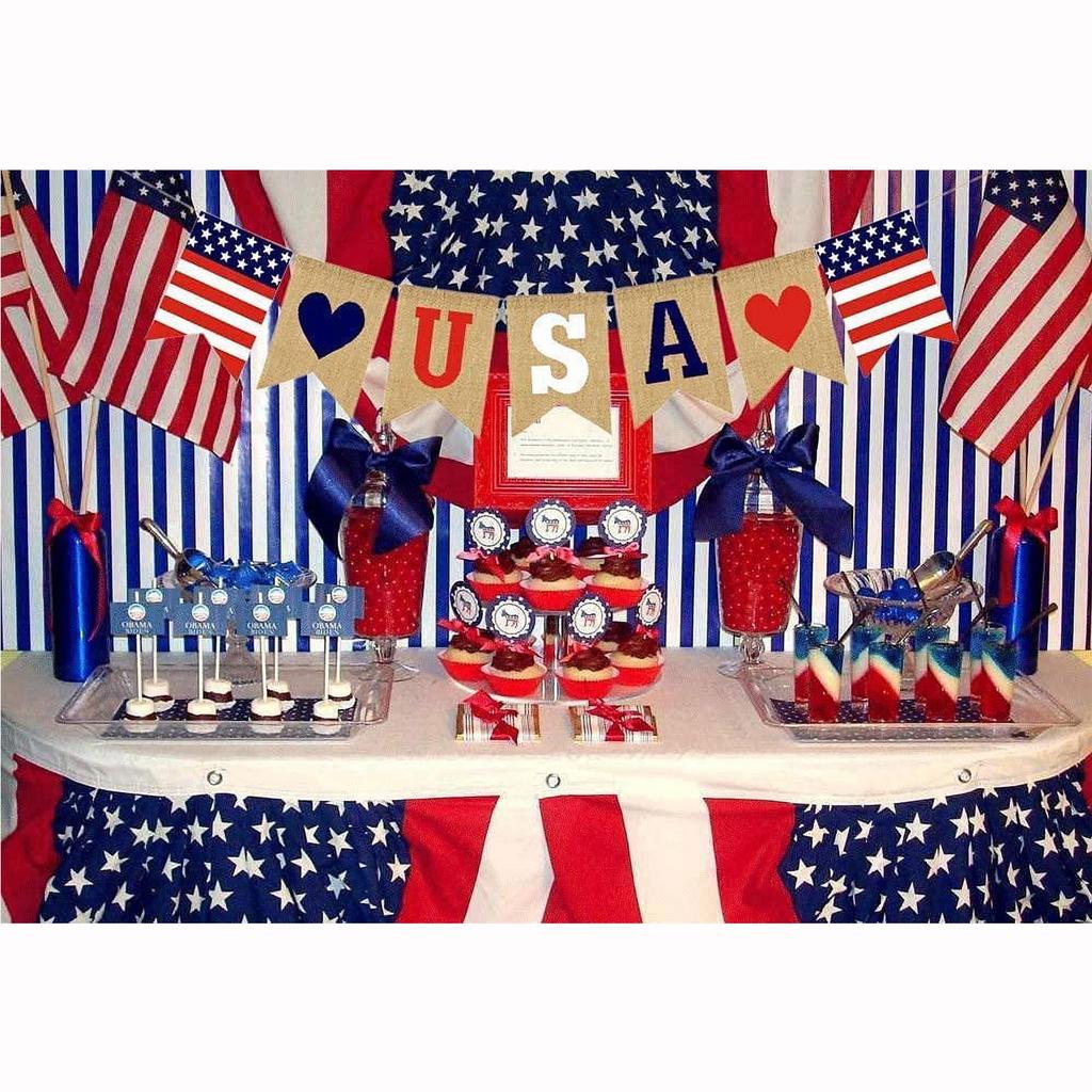 Banner Patriotic Decorations Red Blue White USA American Flag Jute Flag Banner For Independence Day Labor Day Military Events USA