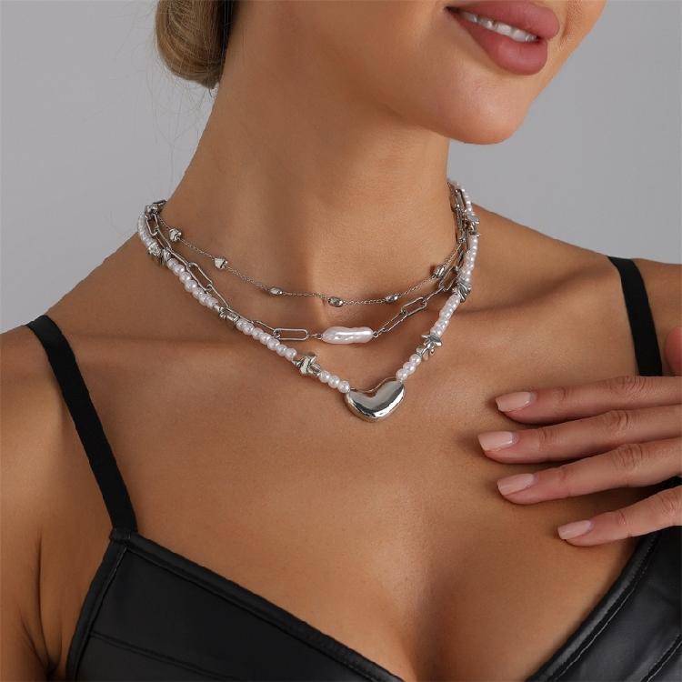 Unique Asymmetrical Heart Designs Faux Pearls Accent Necklace Alloy Material Lightweight Jewelry Gift For Her