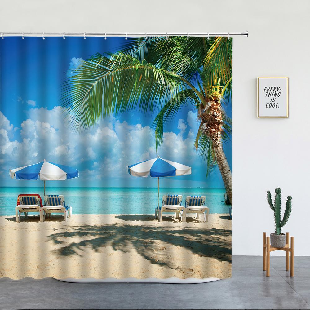 Beach Palm Trees Shower Curtains Sunset Island Hawaii Ocean Natural Landscape Polyester Bathroom Decor Cloth Bathtub Curtain Set