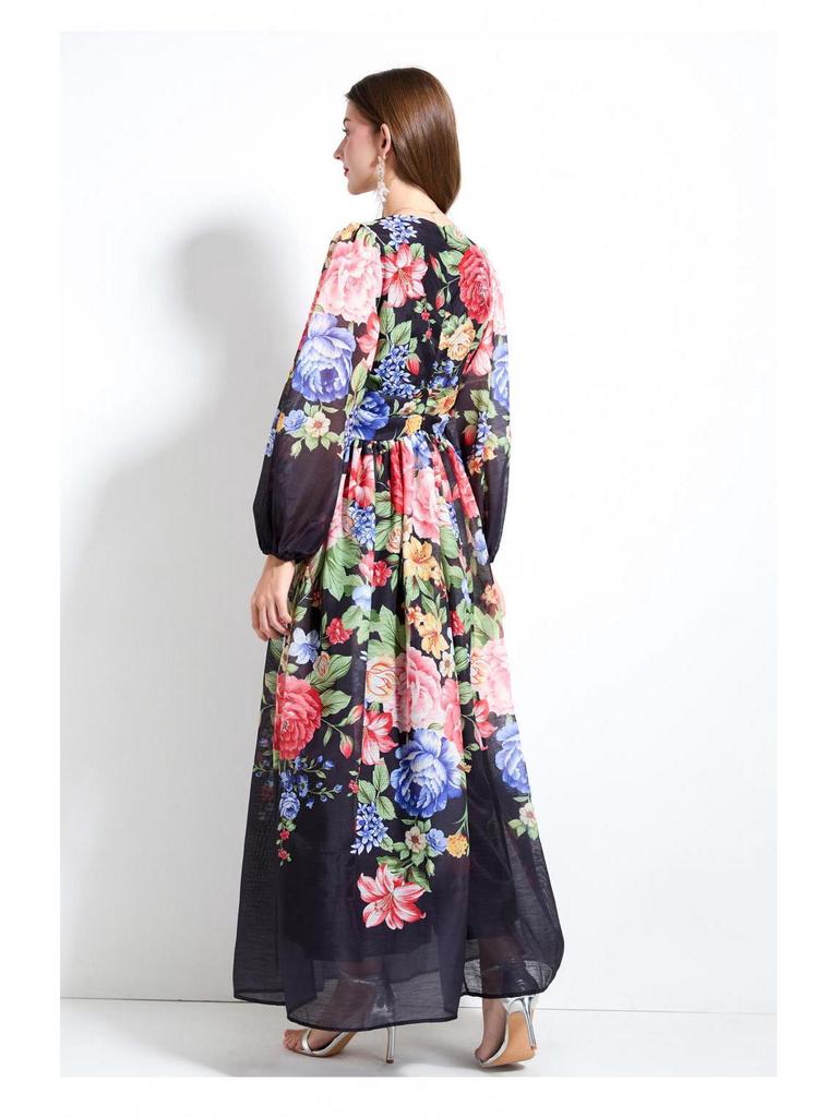 2025 Spring/Summer Floral V-Neck Lantern Sleeve Dress with Ruched Waist & Ruffle Hem