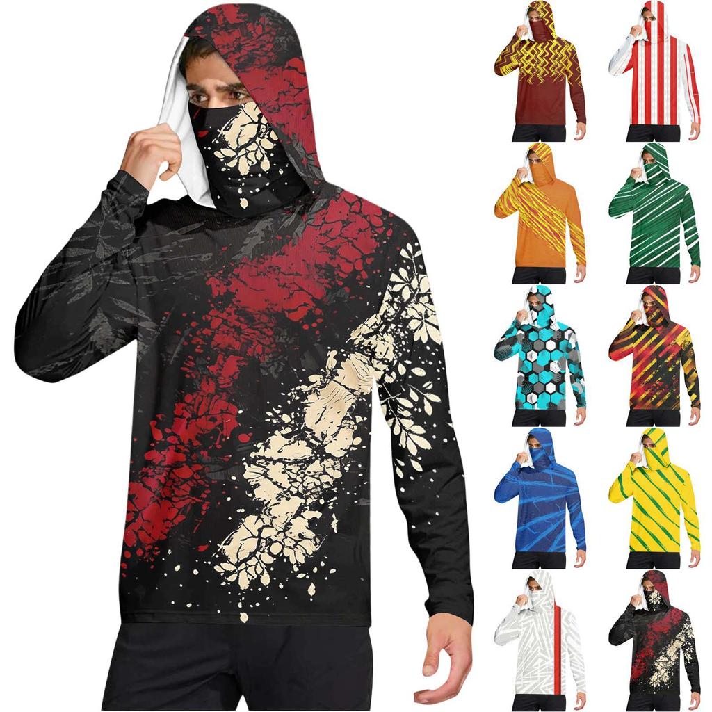 Men's Casual Geometric Print Hooded Long Sleeve Sun Protection Shirt Lightweight Breathable Fabric UV Protection Activewear Top