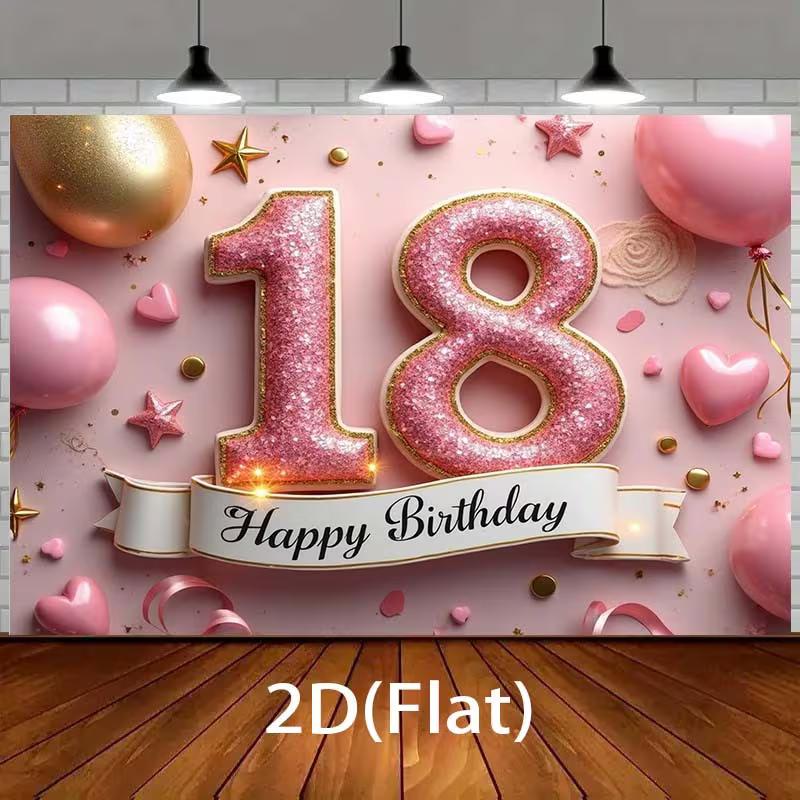 2D Pink Glitter 18th Birthday Backdrop, Happy Birthday Party Photo Background 47.2x31.5inch/120*80cm