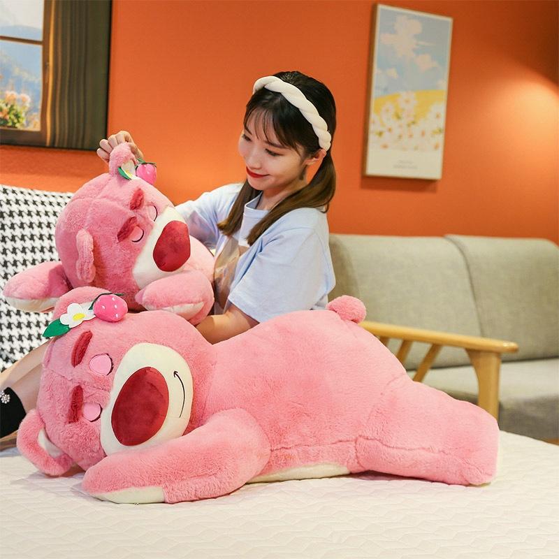 Cute Short Plush Strawberry Bear Stuffed Toy Pillow For Kids 35cm Pink