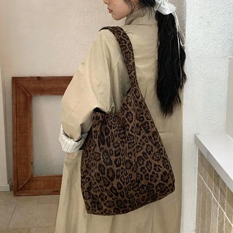 Women's Fashion Shoulder Bag Suede Leopard Pattern Large Capacity Magnetic Clasp Handbags Lightweight Shopper Totes