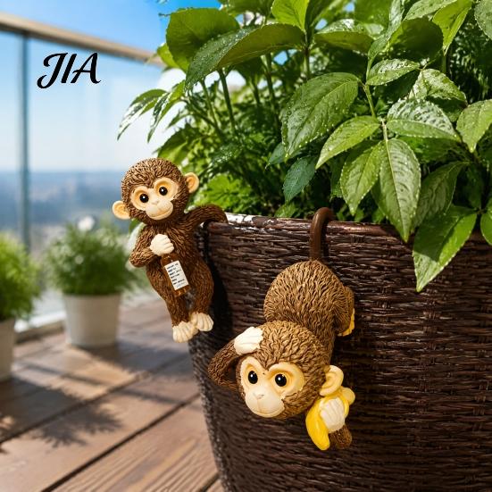 Small Garden Figurine Planter Hanging Monkey Statue, Resin Plant Pot Hugger, Birthday Present for Mom Cute Miniature Flower Edge Decoration