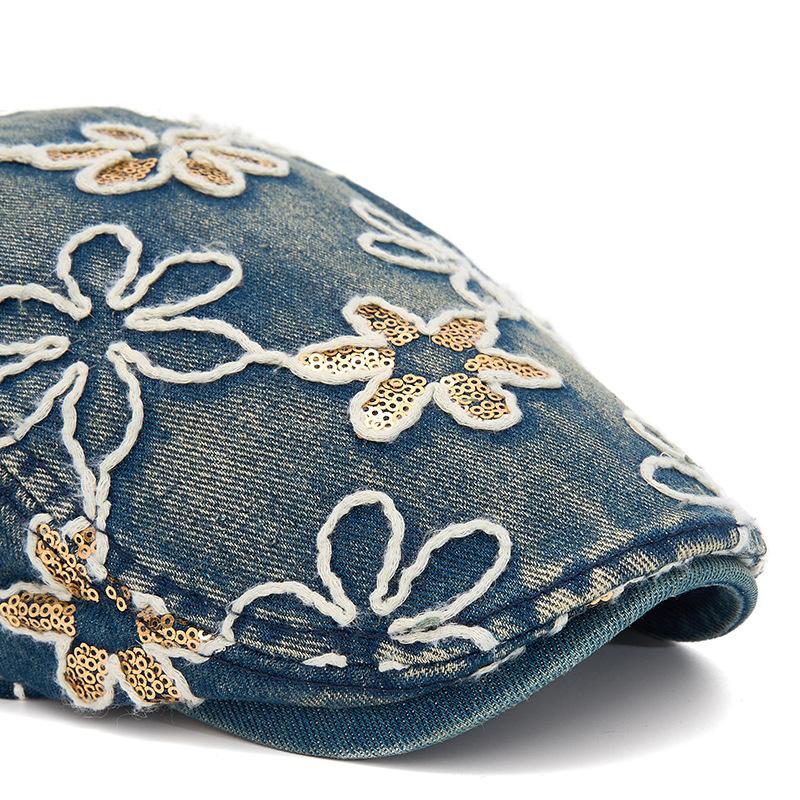 Spring Summer Newsboy Hat Women Sequins Embroidered Flower Beret Denim Retro Progressive Hat