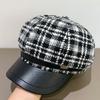 Wool Plaid Octagonal Hat for Women in Autumn and Winter PU Leather Versatile Retro Beret Temperament Fashionable Literary Painter Hat