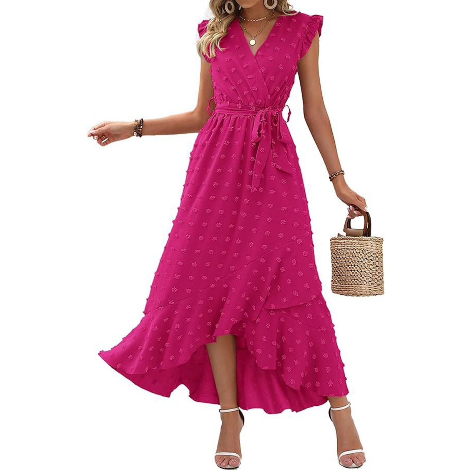

Women s Summer Fashion Ruffle Sleeve Solid Color Polka Dot Boho Waist Dresses XXL