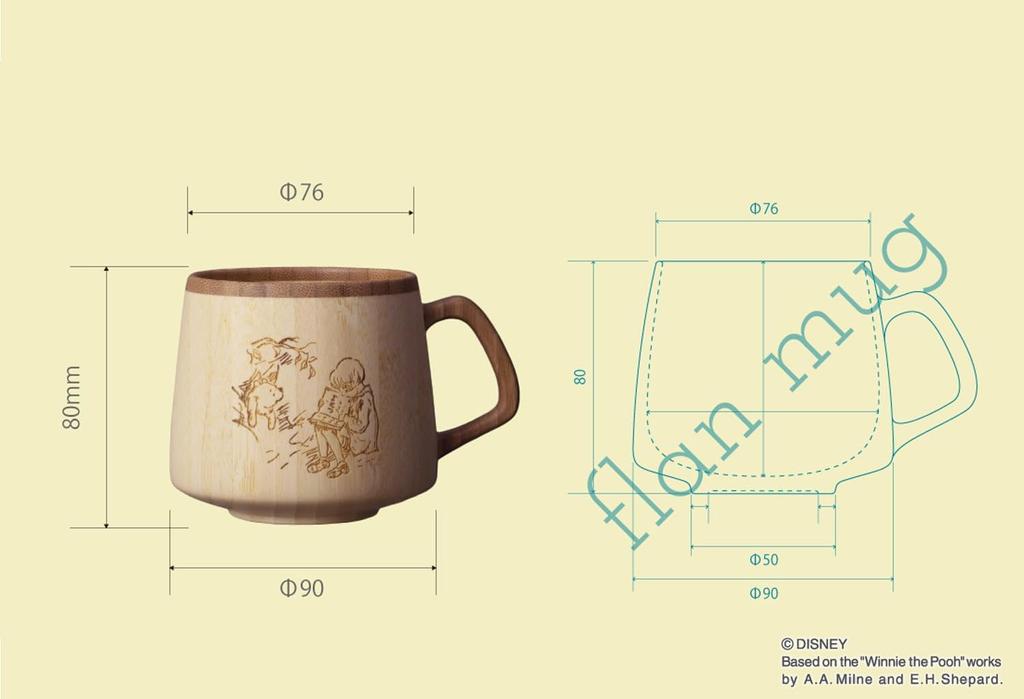 Set CLASSIC POOH French Dishwasher and Gift Bag with [Set] 2-Piece (RIVERET Mug, 310ml, Bamboo, Safe, RV-207WCP, Ribbon)