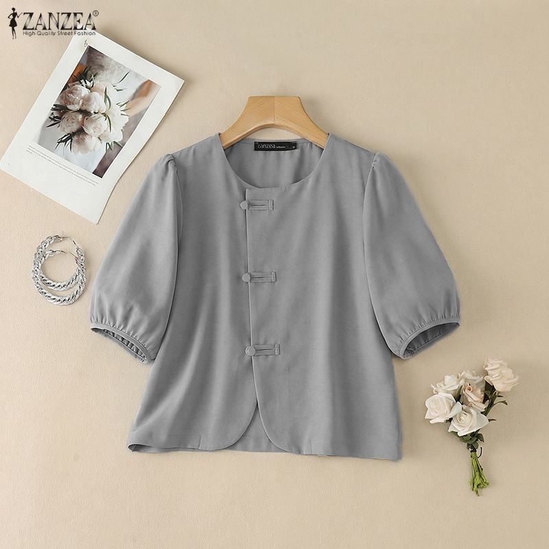 ZANZEA Blusa feminina casual gola redonda cor sólida verão manga curta