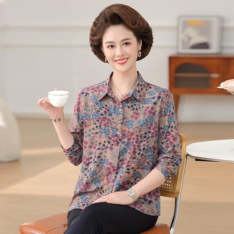 

Mom s Mulberry Silk Floral Long-Sleeve Shirt - Loose Fit for Middle-Aged and Elderly Women XL (for 100-110 kg) синий