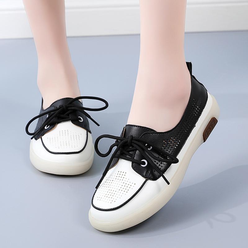 Fashion Circle Boat Shoes Women Genuine Leather Loafers Moccasins Lace-up Flat Shallow Solid Flat with Slip On Sandals Round Toe Ankle F