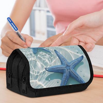 Two-Tiered Pencil Holder, Colorful Printed Pencil Bag Featuring Blue Starfish In Clear Water Design, Stylish Storage Solution, Handy Pencil Case with 