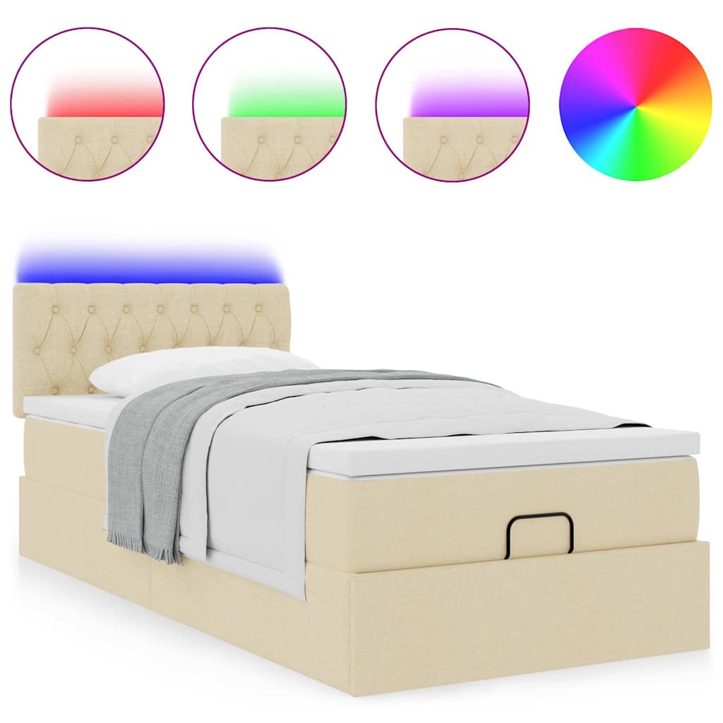 Ottoman Bed with Mattress & LEDs Cream 90x200 Cm Fabric