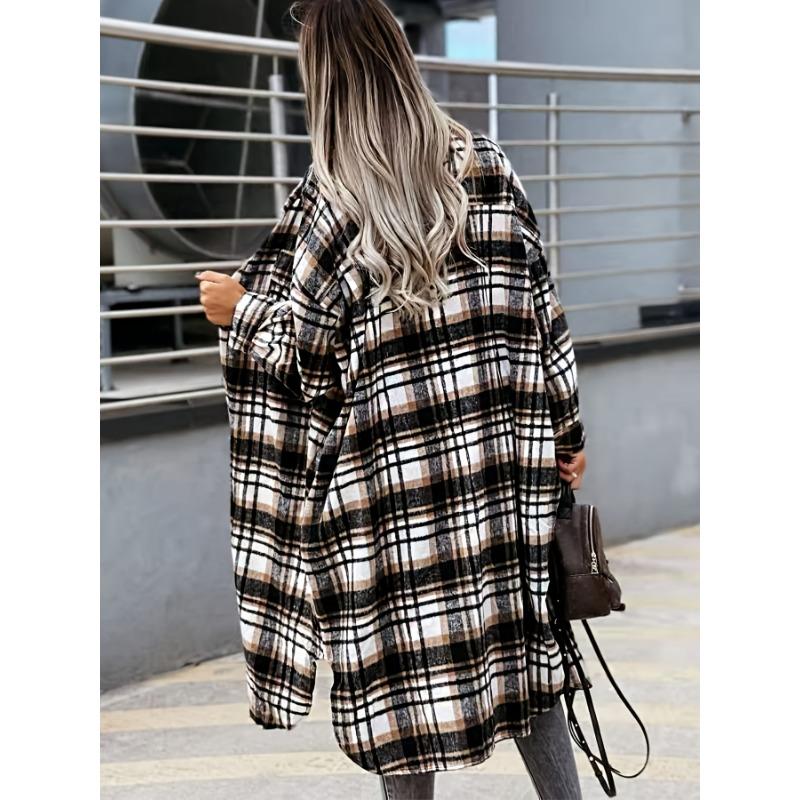 Stylish Plaid Print Womens Long Jacket - Relaxed Casual Button Front with Flap Pockets - Durable Outerwear for Everyday Fashion