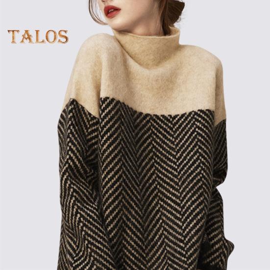 Damen Pullover mit halbem Stehkragen, langen Ärmeln, farblich blockiert, lockere Passform, Strickoberteil, dicke warme Pulloveroberteile für Herbst und Winter