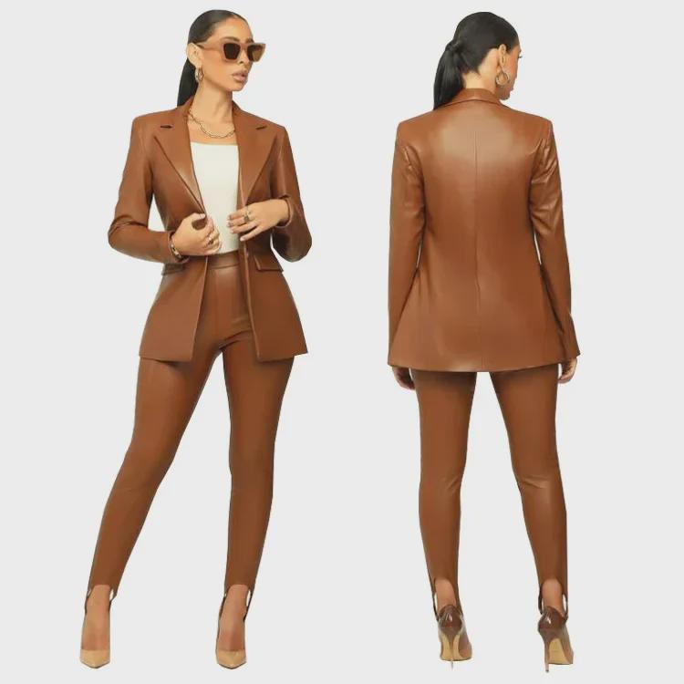 RC3090 Women's V-Neck Leather Split-Leg Pants Suit - European & American Style