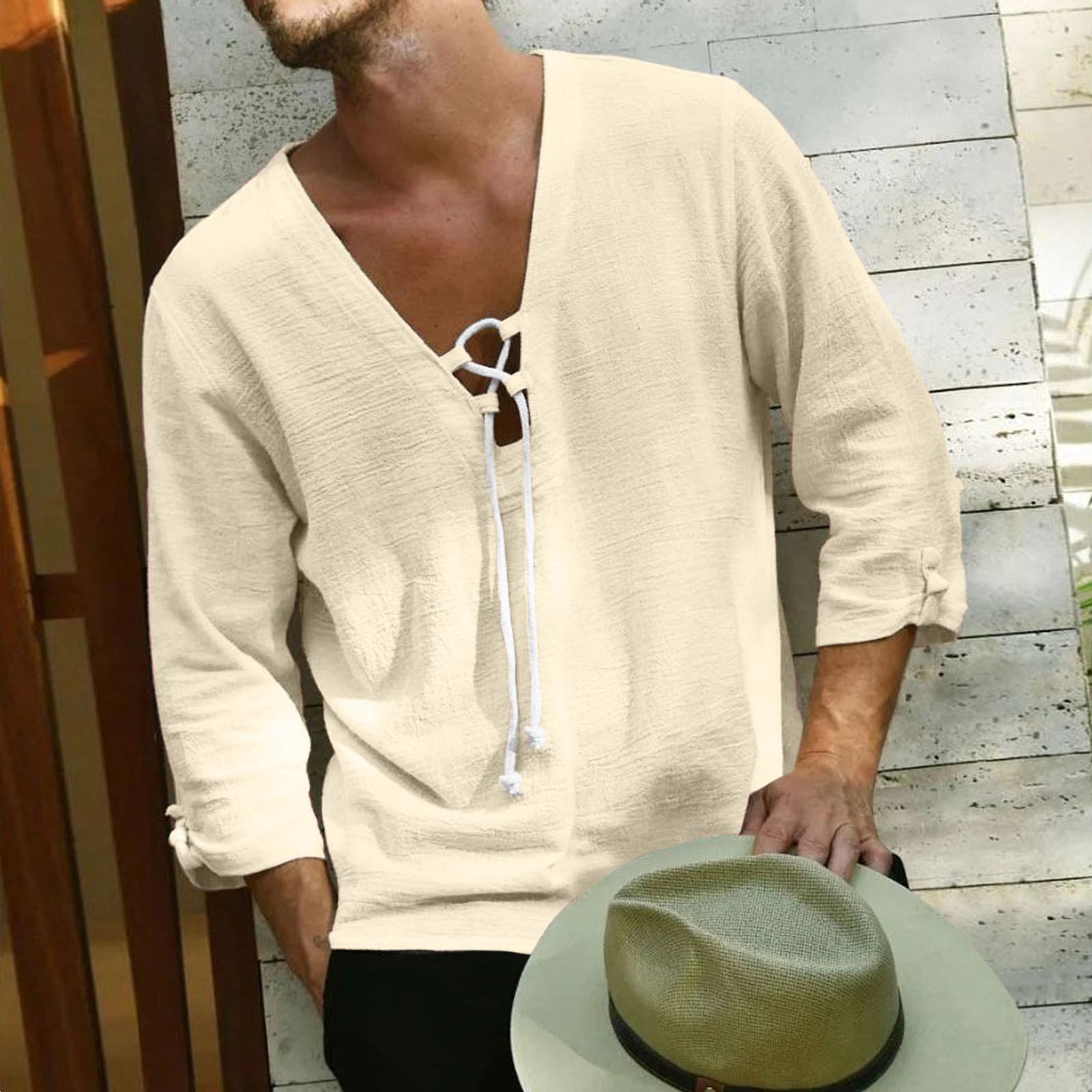 

Men s Casual Relaxed Trendy Beach Cotton And Linen Top - Men s 7-inch Sleeve Long Tie- L