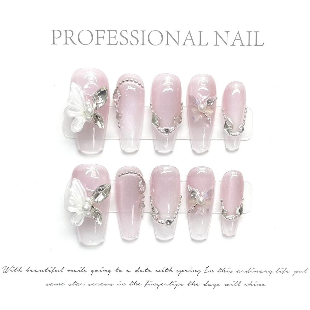 10Pcs French Ballerina Handmade Press On Nails Pink Cat Eye Fake Nails Wearable Stick-on Nails Full Cover False Nail
