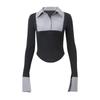 Official Ladies Stripe Print Patchwork Shirts Fashion Polo-neck Button Skinny Crop Tops Elegant Shirts