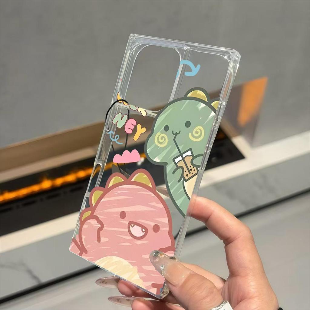Square Back Tube Protection Clear Case For iPhone 16 ProMax 15 Plus 13 11 14 Pro Max 12 Anti-Oxygen,Two Cute Little Dinosaurs Pattern Casing