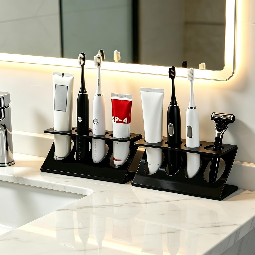 Desktop Organizer & Toothbrush Holder with Razor Storage Shelf - Space-Saving Plastic Bathroom/Kitchen Organizer