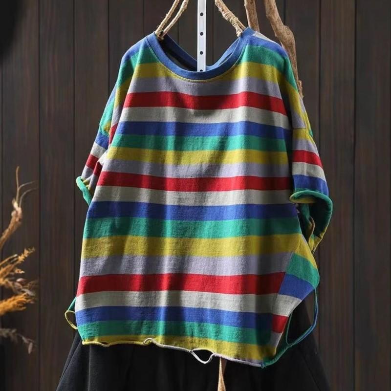 Johnature Women Vintage Striped T-Shirts O-Neck Short Sleeve Summer Casual Loose Hole Female T-Shirts