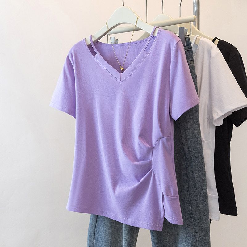 V Neck Asymmetrical Small Shirt Plus Size Ladies Covering Belly Thin Summer Wear