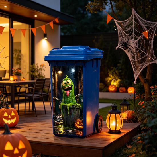 Black Cat Bat Owl Pattern Halloween Trash Can Sticker, Spooky Pumpkin Ghost Wheelie Bin Decal, Easy Apply Mural Waterproof Outdoor Garbage Sticker