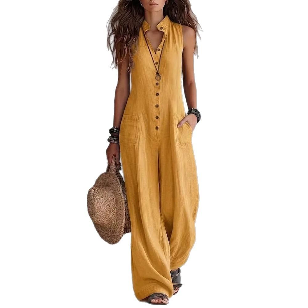 2026 Amazon Independent Site Bestseller Women's Casual Stand Collar Single-Breasted Sleeveless Textured Cotton-Linen Long Jumpsuit