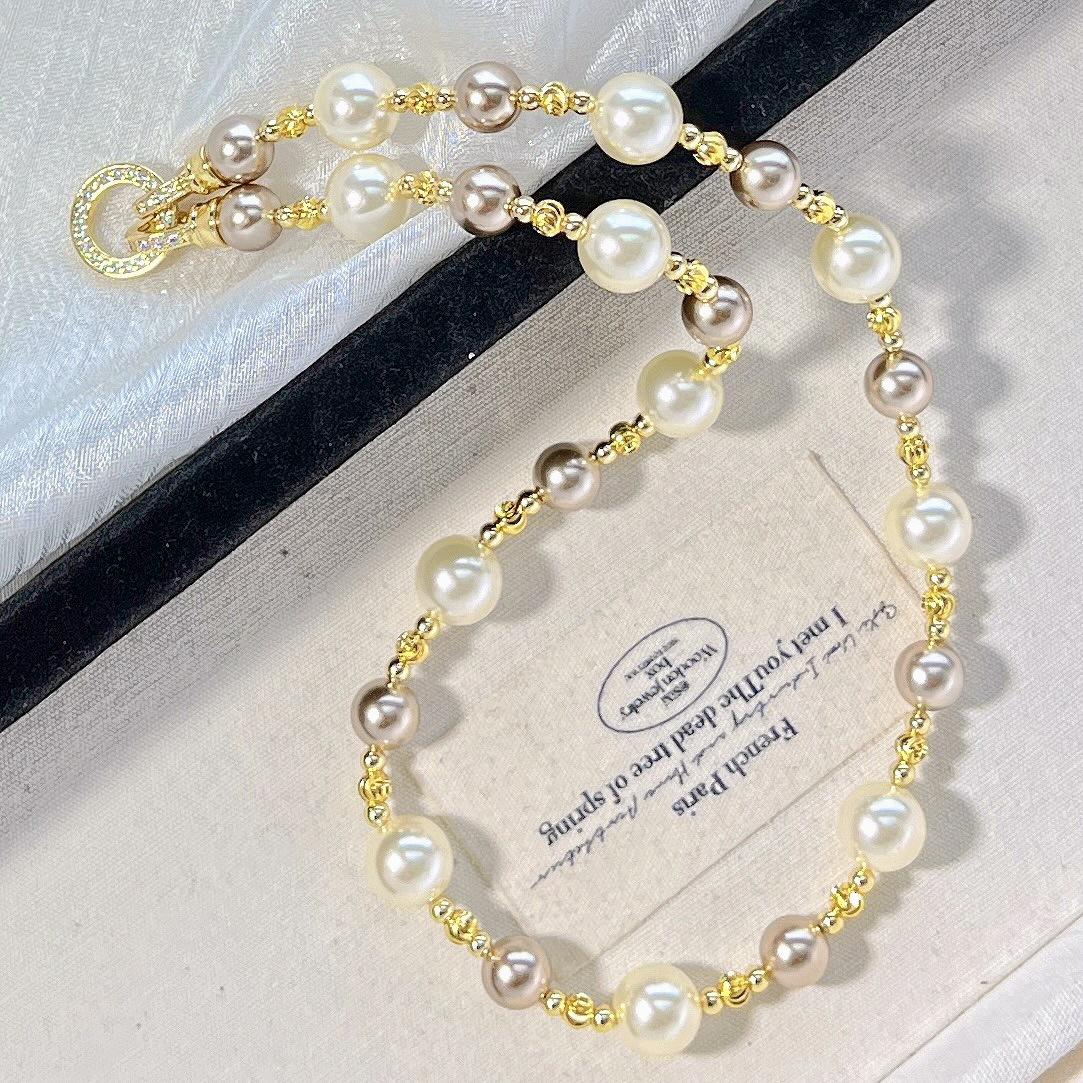 

10Mm Autumn And Winter High-Gloss Warm Gold Artificial Crystal Pearl Design Necklace Collarbone Chain Sweater Chain