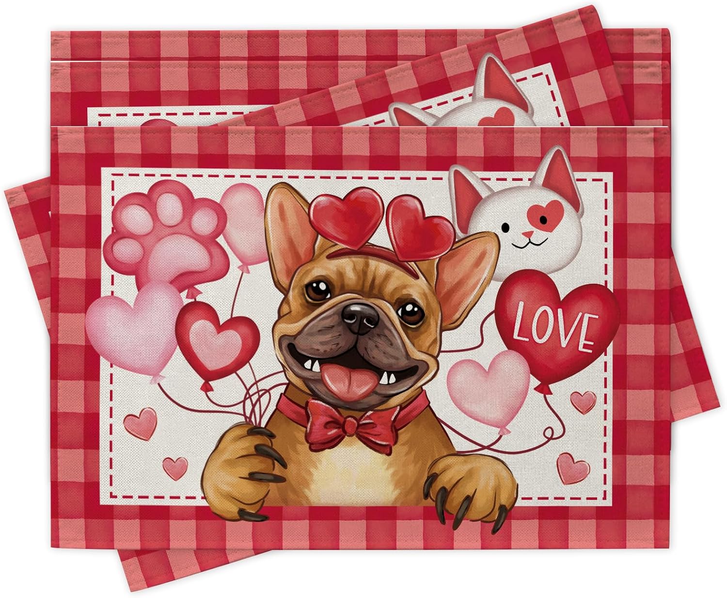 Valentines Day French Bulldog Placemats Set of 4, Pink Red Love Heart Balloon Plaid Dining Place Mats Table Decor 4Pcs
