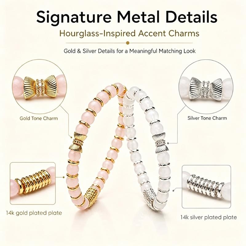 Natural Stone Stretch Bracelet Set, 2 Round Bead Bracelets with Mixed-Tone Spacers for Stacked or Separate Wear