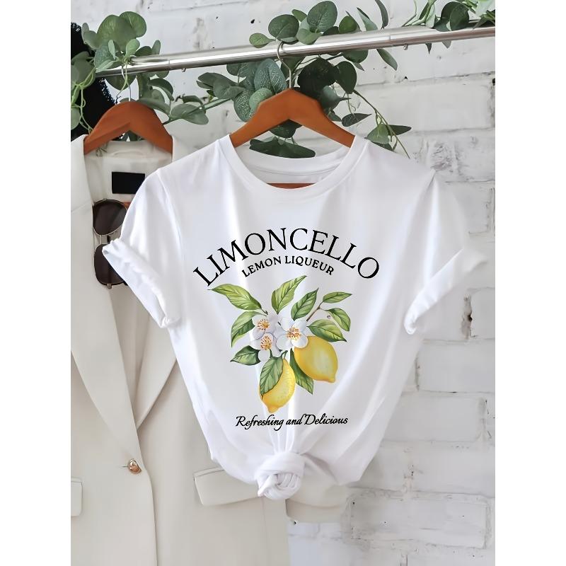 

European Size Women s Casual Short-Sleeve T-Shirt - Lemon and Floral Print, Round Neck Summer Top, Lightweight and Breathable Fabric S белый