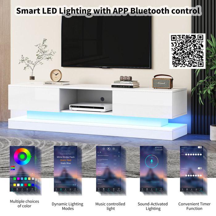 TV Stand with LED 160cm - 2 Drawers and 1 Open Compartment - Suitable for 60" TV - White