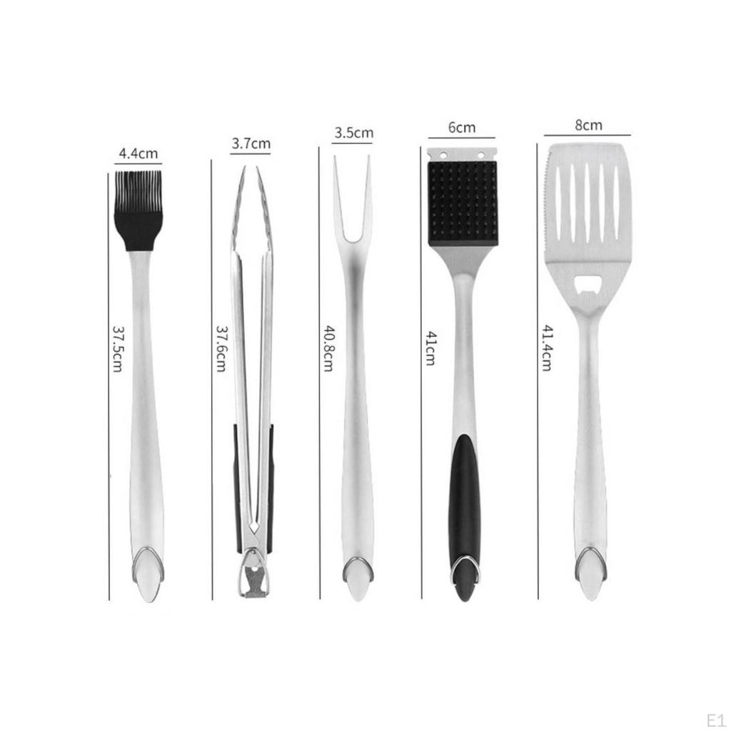 5 Pieces 5Piece Barbecue Tool Set Hanging Loops LongHandled Grill Utensil Black Grip Accents