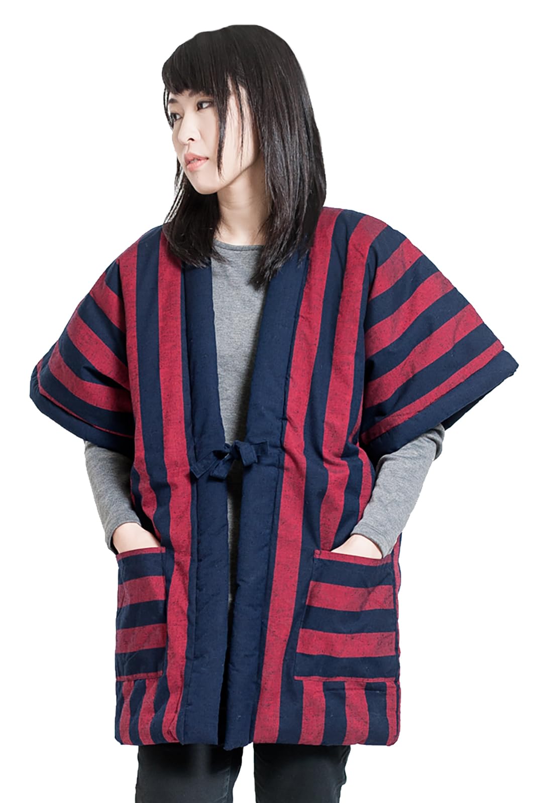 

[Tayutaf] Kurume Yakko Hanten, Sleeveless, Women s, Tsumugi (M-L, Vertical Stripes, Red and Black)