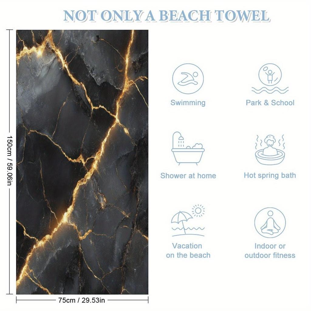 Zwart Marmer Strandlaken Goudader Print Sneldrogend Microvezel Zacht Badlaken Voor Vrouwen Mannen Zomervakantie Zwembad Spa