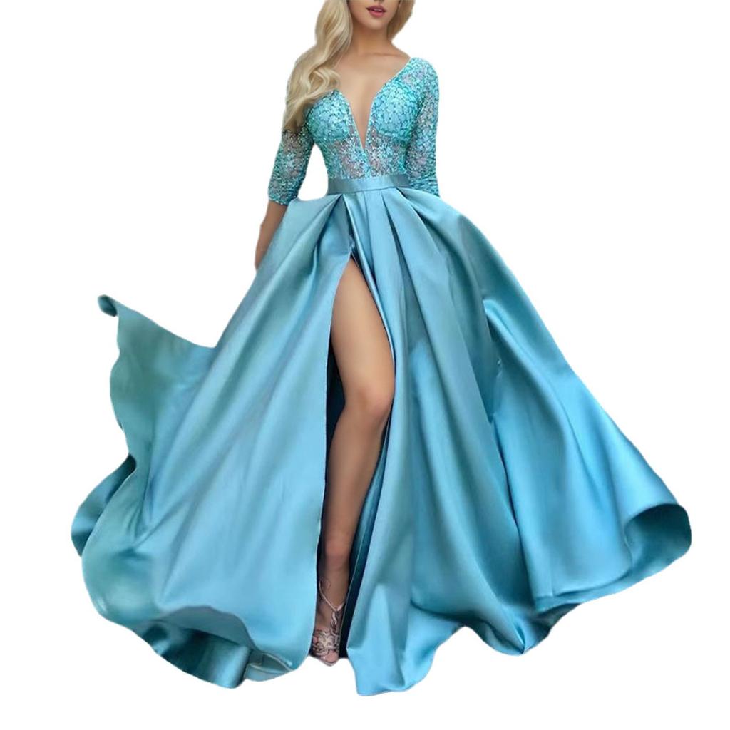 European and American New Sexy Deep V-neck Lace Big Swing Dress Sequined Trailing Banquet Evening Dress