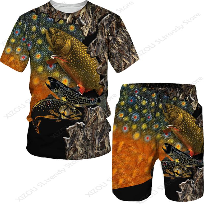 Letná móda Pánske Pike Fishing 3D celoplošné maskáčové tričko a šortky Tepláková súprava Unisex Ležérne Športové oblečenie Tričká/Šortky/Súprava