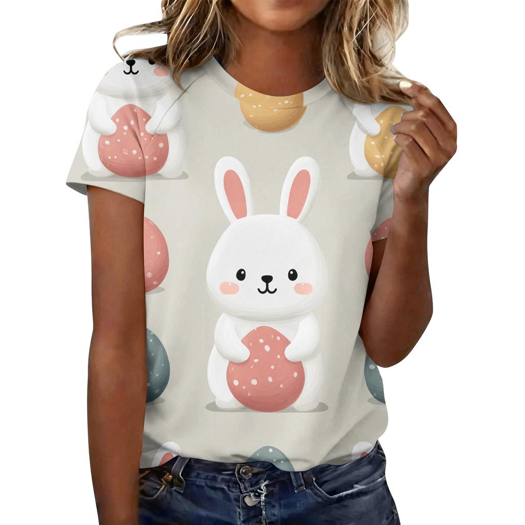 Women's Fashionable Casual Short-Sleeved Raglan Sleeve Easter Print T-Shirt Top