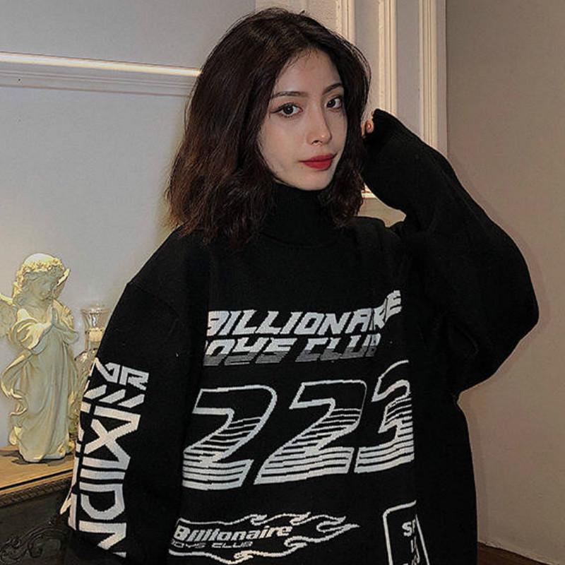 

Толстый свитер с высоким воротом и жаккардовым узором Pofulove, подходящий по цвету, для школьницы, свободный пуловер S чёрный