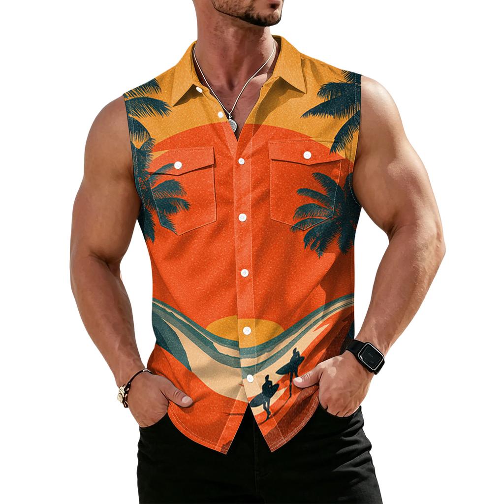 Men's Workwear Lapel Button-Down Vest Shirt - Lightweight Sleeveless Top