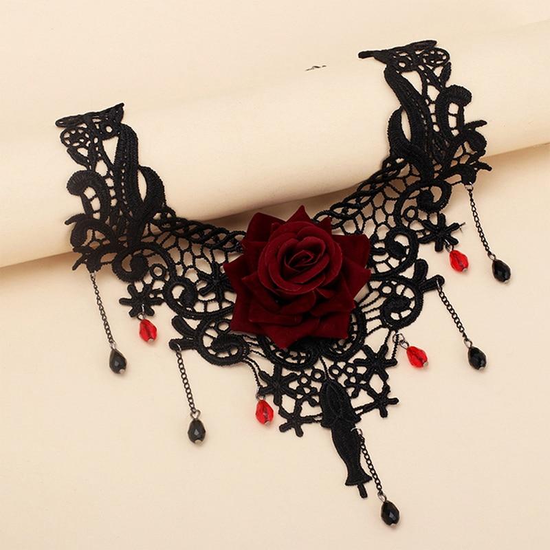Gothic-Halsketten, schwarze Perlenblumen, sexy Spitzenhals-Halskette, Vintage-Quastenkette, Damen-Steampunk-Halloween-Schmuck